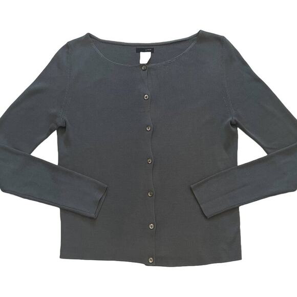 J. Crew Dark/Charcoal Gray Lightweight Long Sleeve Silk Crewneck Cardigan, Sz M - Picture 1 of 9